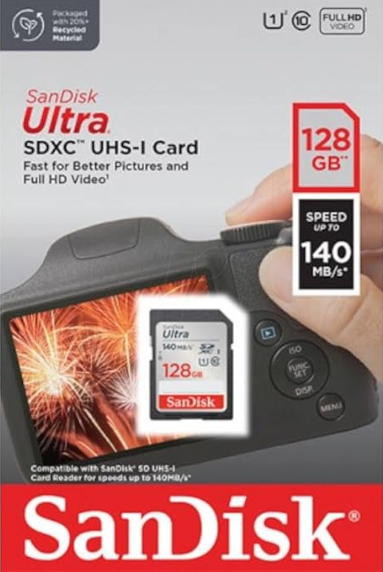 SanDisk Ultra SD | 128 GB | Up to 140MB/s | 1 Year Warranty