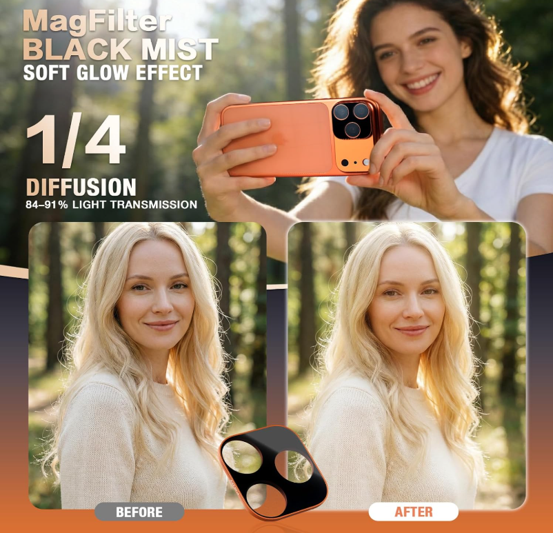 Caseworld MagFilter Phone Camera Lens Filter Kit for iPhone 17 Pro, Mist, Soften Highlights, Minimize Digital Texture, Reduce Reflections, Optimal Glass Orange